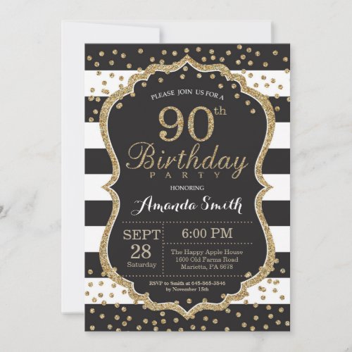 90th Birthday Invitation Black and Gold Glitter Invitation