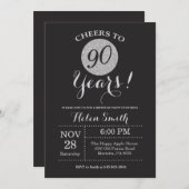 90th Birthday Invitation Black and Silver Glitter (Front/Back)