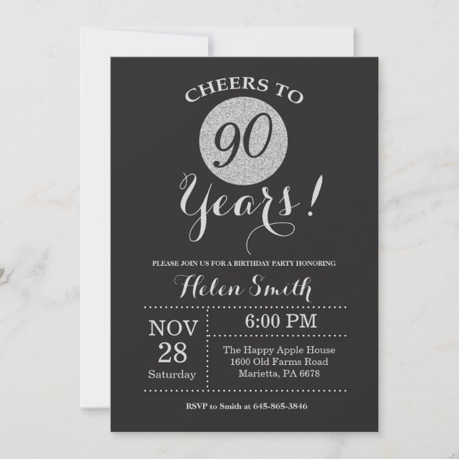 90th Birthday Invitation Black and Silver Glitter (Front)