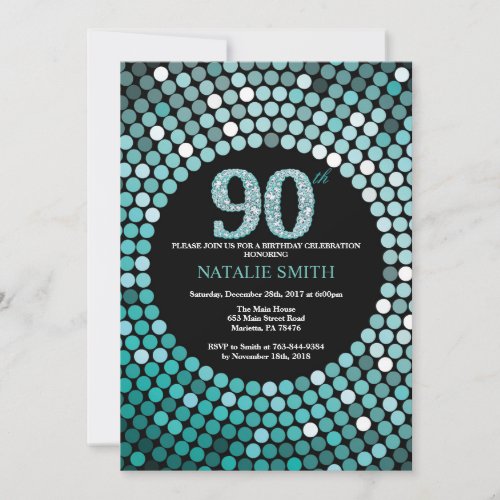 90th Birthday Invitation Black and Teal Glitter