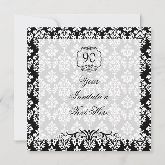 90th Birthday Invitation Black and White Damask (Front)