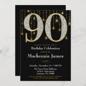 90th Birthday Invitation Black Gold Diamonds Adult (Front/Back)