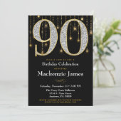 90th Birthday Invitation Black Gold Diamonds Adult (Standing Front)