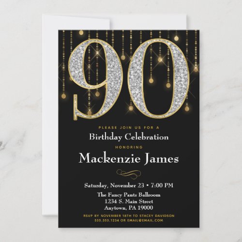 90th Birthday Invitation Black Gold Diamonds Adult