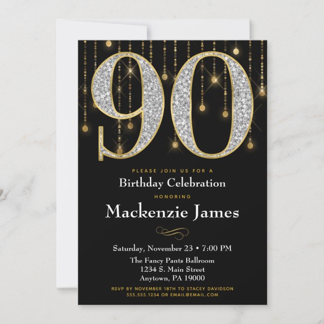 90th Birthday Invitation Black Gold Diamonds Adult (Front)
