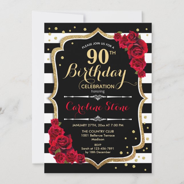 90th Birthday Invitation Black White Stripes Roses (Front)
