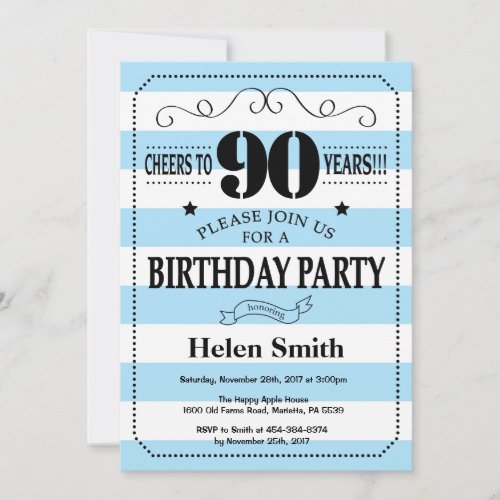 90th Birthday Invitation Blue and White Stripes