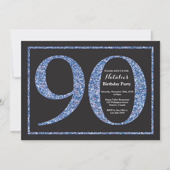 90th Birthday Invitation Blue Glitter Chalkboard (Front)