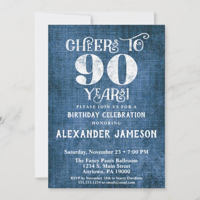90th Birthday Invitation Blue Linen Rustic Cheers (Front)