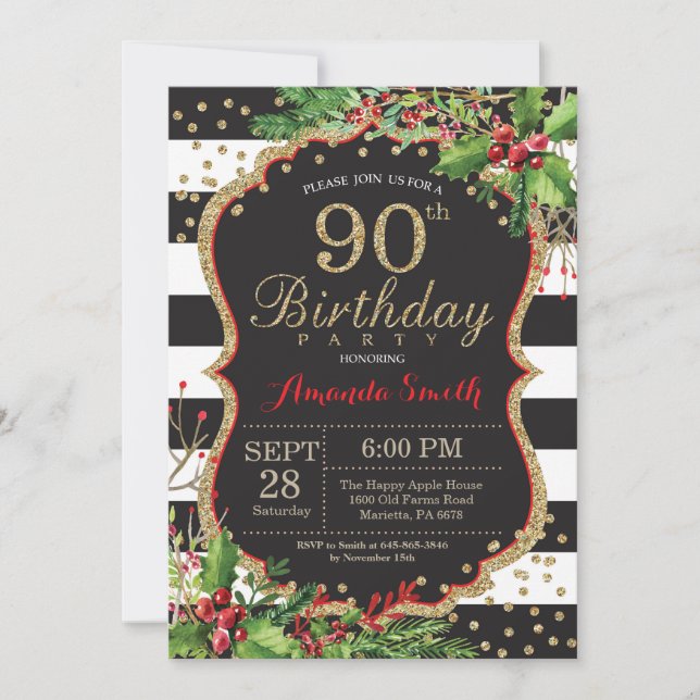 90th Birthday Invitation. Christmas Red Black Gold Invitation (Front)