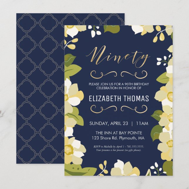 90th Birthday Invitation, Customize Floral w/ Gold Invitation (Front/Back)