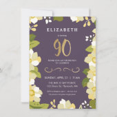 90th Birthday Invitation, Customize Floral w/ Gold Invitation (Front)