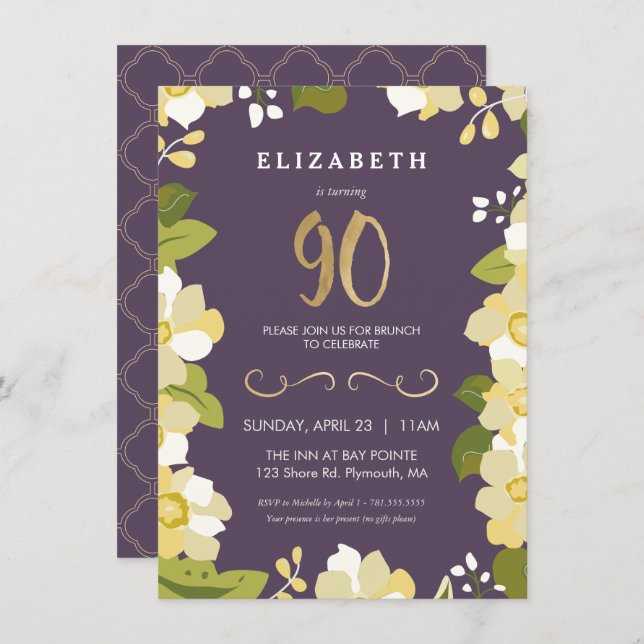 90th Birthday Invitation, Customize Floral w/ Gold Invitation (Front/Back)