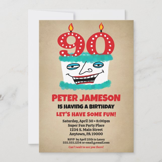 90th Birthday Invitation Funny Cake Casual Mens (Front)