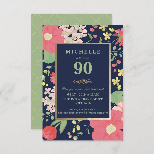 90th Birthday Invitation - Gold, Elegant Floral (Front/Back)