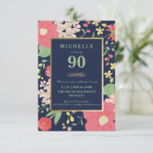 90th Birthday Invitation - Gold, Elegant Floral (Standing Front)