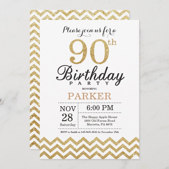 90th Birthday Invitation Gold Glitter (Front/Back)