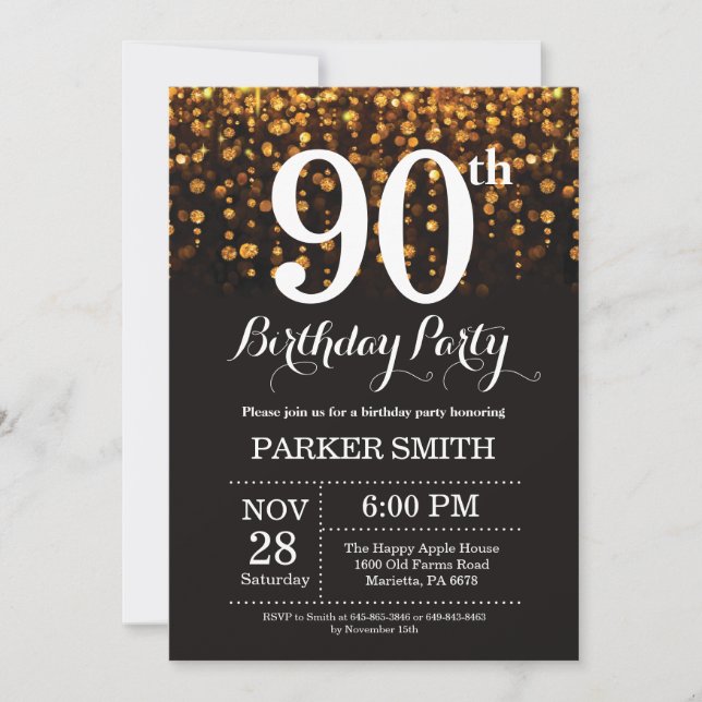 90th Birthday Invitation Gold Glitter (Front)