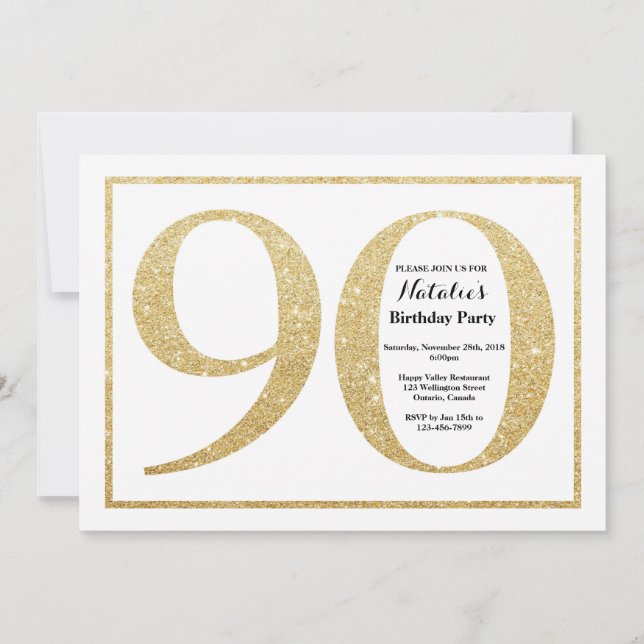 90th Birthday Invitation Gold Glitter (Front)
