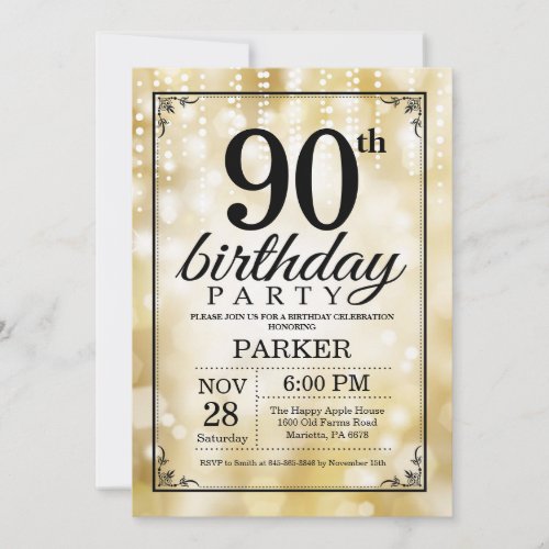 90th Birthday Invitation Gold Glitter