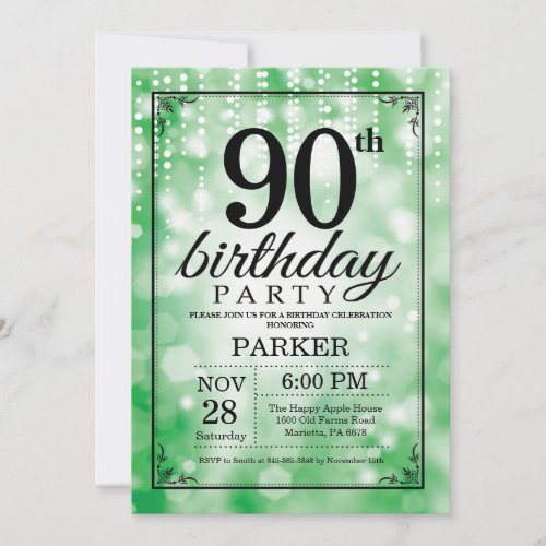 90th Birthday Invitation Green Glitter