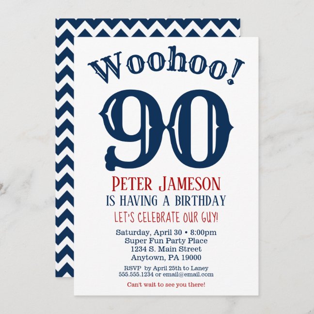 90th Men's Birthday Invitation - Blue Chevron