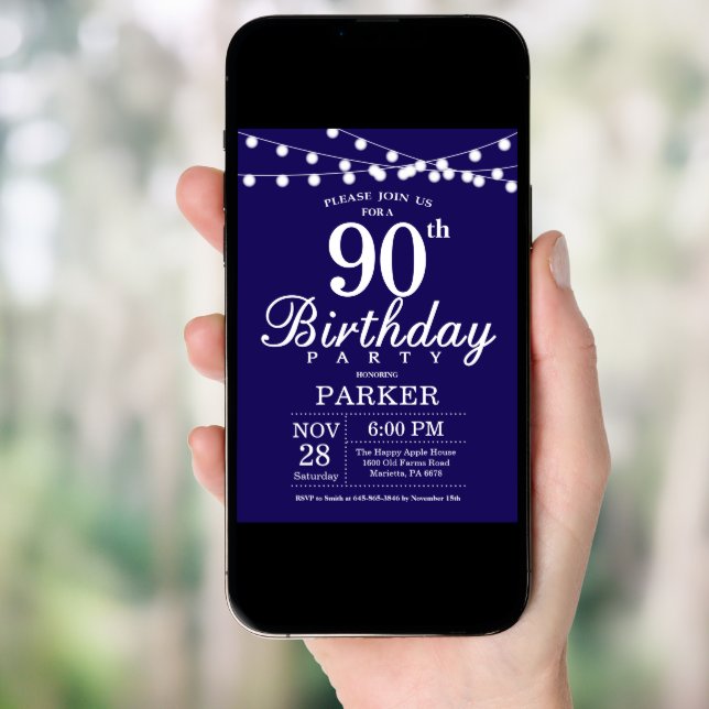 90th Birthday Invitation Navy Blue (Front Digital)