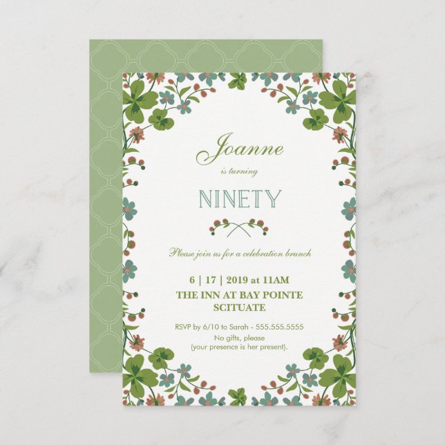90th Birthday Invitation, Ninetieth Vintage Style Invitation (Front/Back)