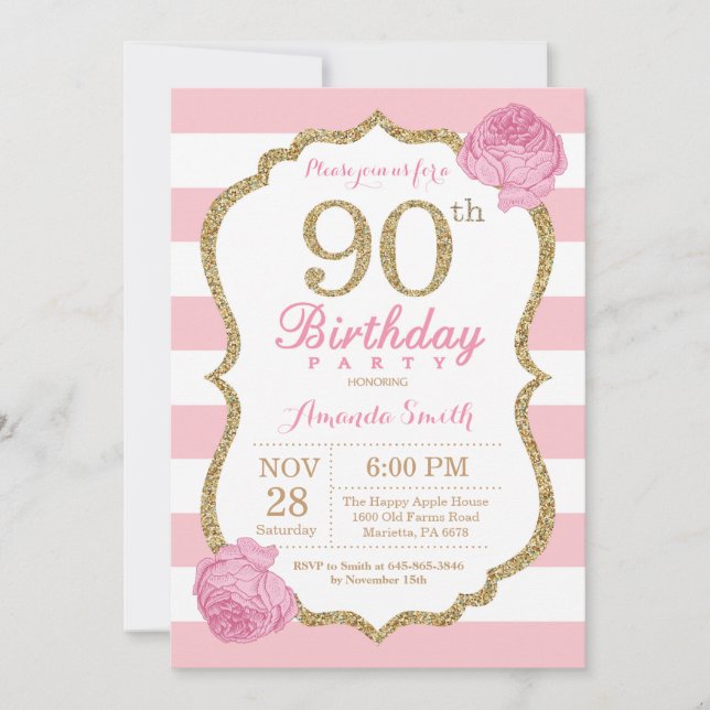 90th Birthday Invitation Pink and Gold Floral (Front)