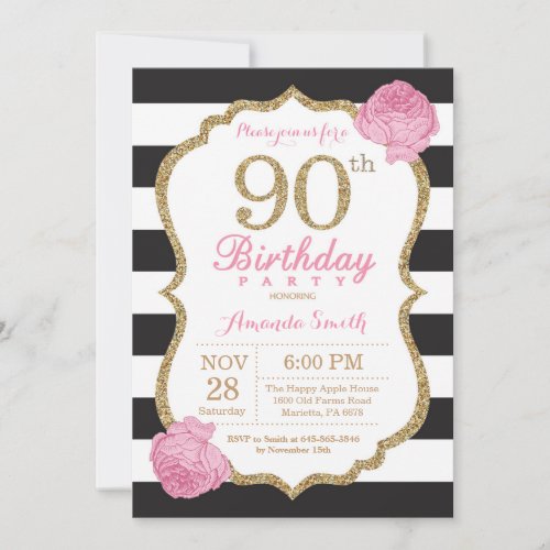 90th Birthday Invitation Pink Black Gold Floral