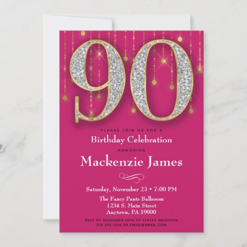 90th Birthday Invitation Pink Gold Diamonds Adult