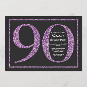 90th Birthday Invitation Purple Glitter Chalkboard