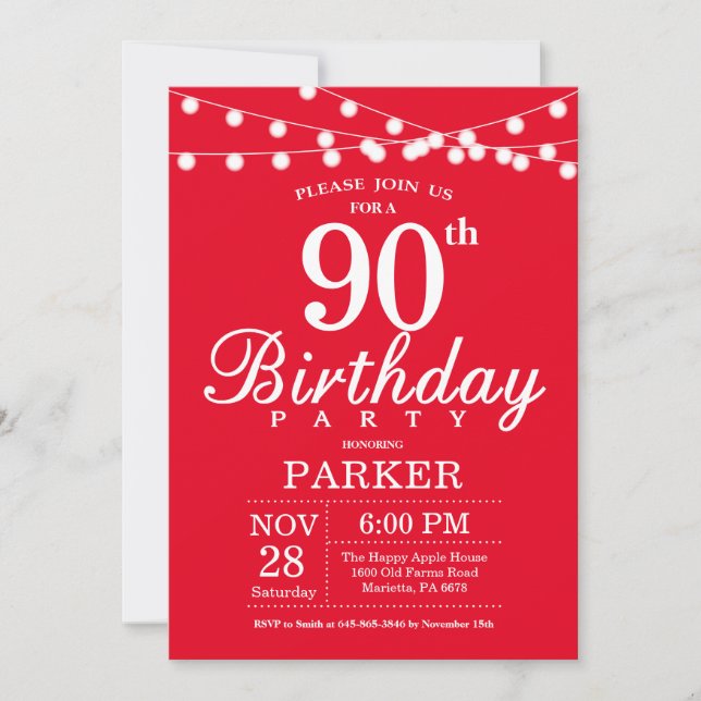 90th Birthday Invitation Red (Front)
