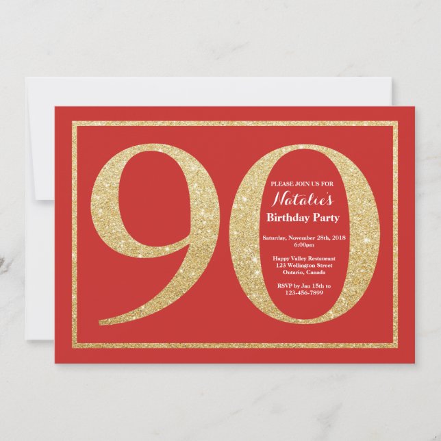 90th Birthday Invitation Red and Gold Glitter (Front)