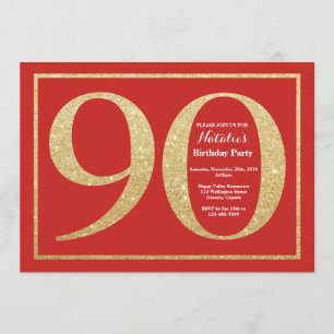 90th Birthday Invitation Red and Gold Glitter