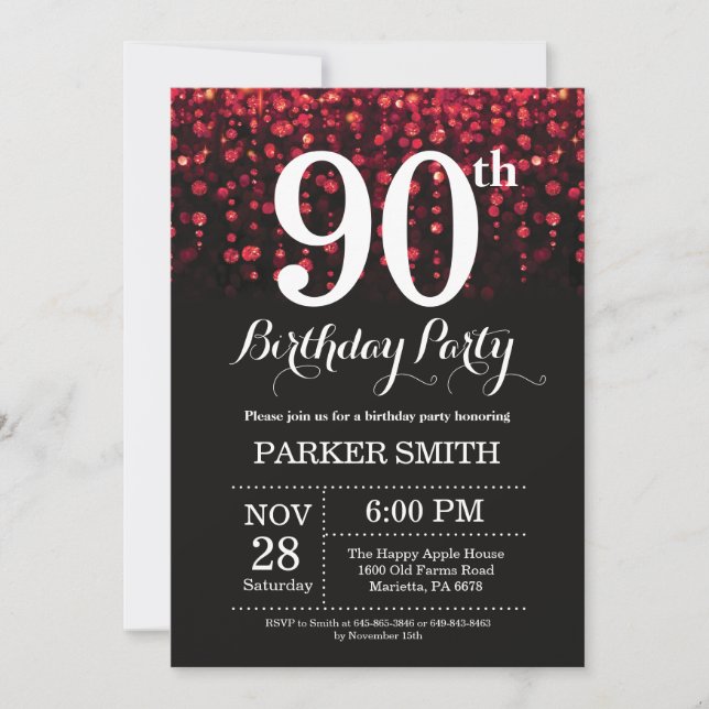 90th Birthday Invitation Red Glitter (Front)