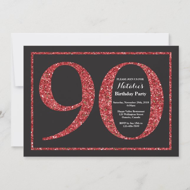 90th Birthday Invitation Red Glitter Chalkboard (Front)