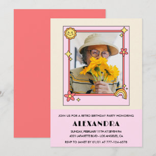 90th birthday invitation Retro Groovy Pink Floral