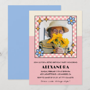 90th birthday invitation Retro Groovy Pink Flowers