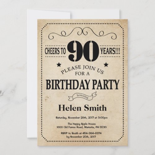 90th Birthday Invitation Rustic Vintage Retro
