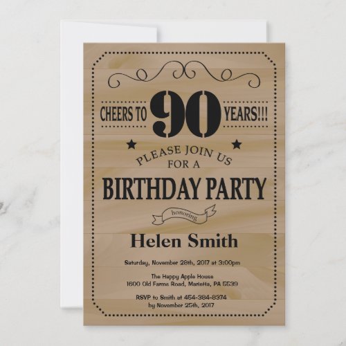 90th Birthday Invitation Rustic Wood