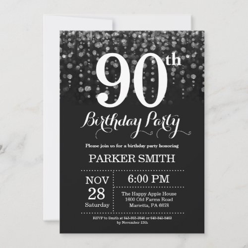 90th Birthday Invitation Silver Glitter