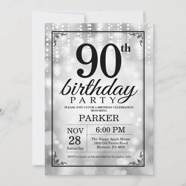 90th Birthday Invitation Silver Glitter (Front)