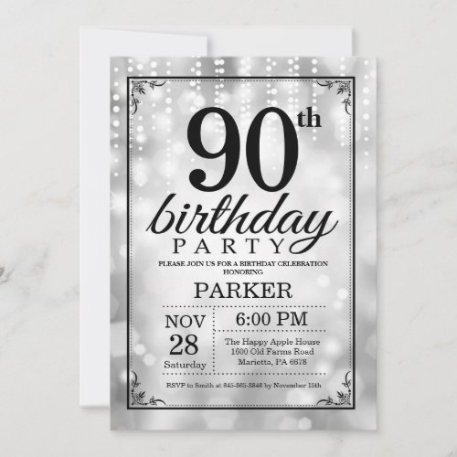 90th Birthday Invitation Silver Glitter