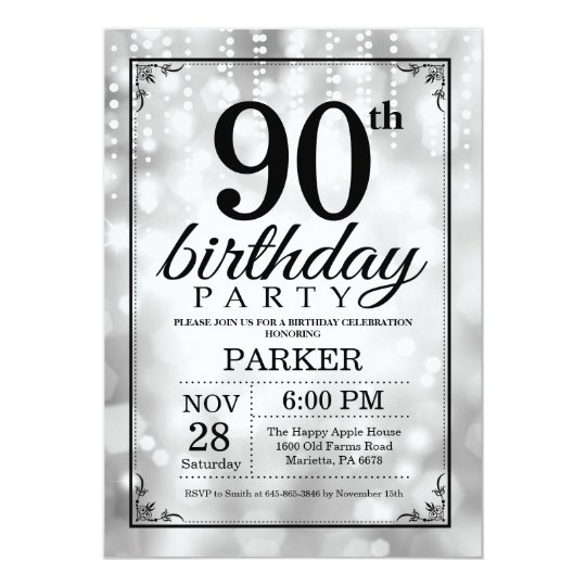 90th Birthday Invitation Silver Glitter | Zazzle.com