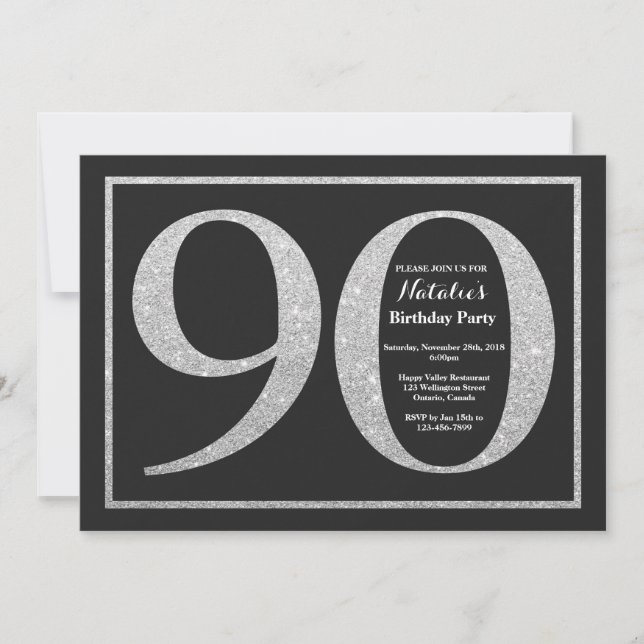 90th Birthday Invitation Silver Glitter Chalkboard (Front)