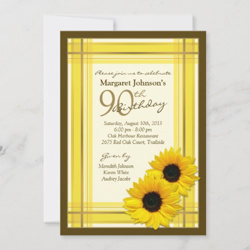 Yellow Brown Plaid Sunflower 90th Birthday Invites
