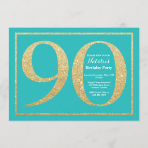 90th Birthday Invitation Teal and Gold Glitter