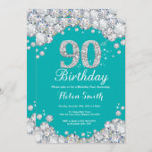90th Birthday Invitation Teal and Silver Diamond (Front/Back)