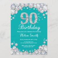 90th Birthday Invitation Teal and Silver Diamond